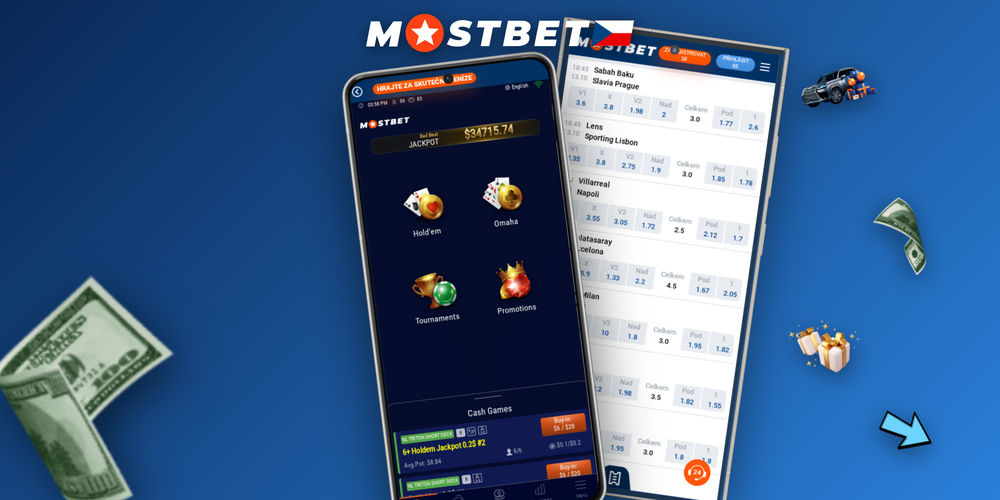 Mostbet app zobrazující sportovní zápasy a kasino sekci na smartphonu