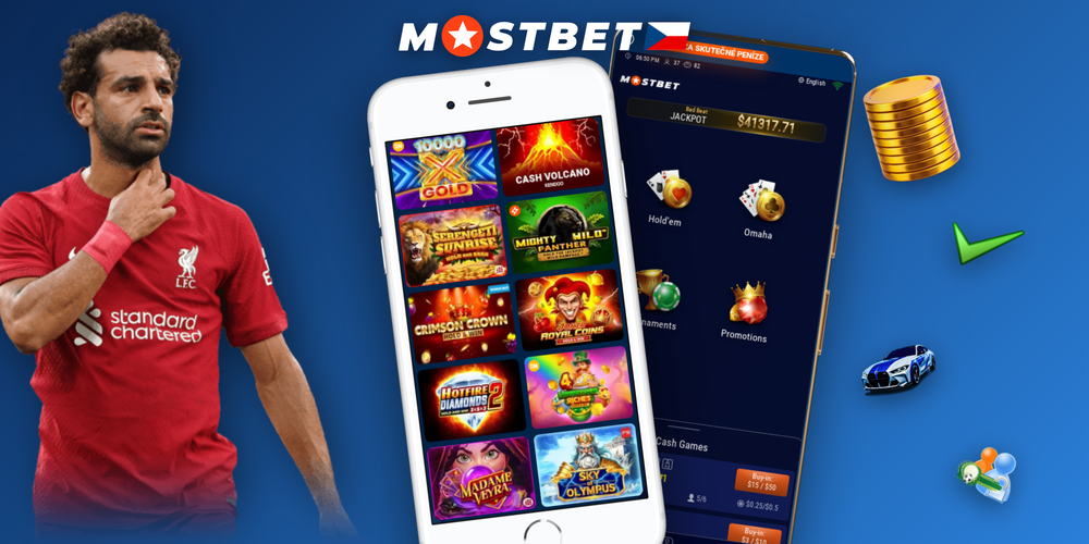 Panorama herny Mostbet live casino s řadou slotů a krupiérem u stolu